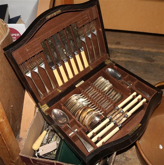 Canteen of plated flatware, cased set of fisheaters, two plated condiment sets (one cased) & sundries